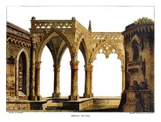 an old drawing of a building with arches and pillars