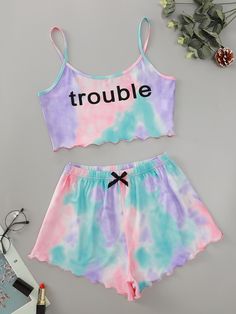 Pajama Outfits, Girls Crop Tops, Cute Pajamas, Tie Dye Shorts, Pajama Set Women