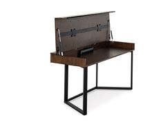 a wooden desk with metal legs and an open drawer on the top that holds a pen