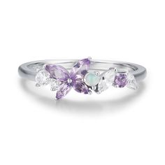 It's never too late to reinvent yourself and start a wonderful new beginning. Unfold your wings and emerge like a butterfly with our Monarch Butterfly Amethyst Opal Ring. This dainty charm features a purple butterfly-shaped amethyst adorned with Ethiopian opal and white topaz gemstones that sit delicately in a white gold tone band. Vibrant and full of life, wear this charm as you celebrate and embrace your own incredible beauty. ✦ Available in both 14K white gold vermeil (14K white gold plated o White Gemstones, Reinvent Yourself, Like A Butterfly, Purple Rings, Gold Vermeil Jewelry, It's Never Too Late, New Beginning, Vermeil Jewelry, Amethyst Purple