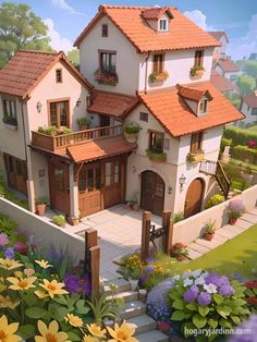 an artist's rendering of a house with lots of flowers in the front yard