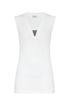 Inspired by menswear, the pure cotton jersey showcases the classic ribbed texture and offers a very comfortable, lightweight and extremely pleasant hand that is perfect for any season. V-neck Nickel-free monili decoration Modern Sleeveless Elastane Top, White Fitted Tops With Ribbing, Fitted White Tops With Ribbing, White Fitted Top With Ribbing, Ribbed V-neck Elastane Top, Modern White V-neck Top, Classic Fitted Tops For Loungewear, Classic White V-neck Knit Top, Fitted Ribbed Viscose Top