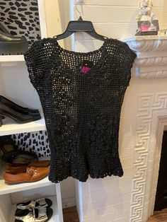 black net tank Tagged Size: L Pit to Pit: 18" Length: 29" Price: $25 SHIP TO CANADA & USA ONLY  ALL SALES FINAL  IG: @ judyjeanvintage  27 William St. Paris ON.  #vintage #retro #flowers #floral #mesh Fitted Black Mesh Top With Open Knit, Fitted Black Open Knit Mesh Top, Black Open Knit Mesh Top For Summer, Casual Black Mesh Top With Open Knit, Black Mesh Tank Top For Summer, Black Fishnet Mesh Top For Summer, Casual Black Open Knit Mesh Top, Black Sleeveless Mesh Top For Summer, Black Mesh Tank Top For Party