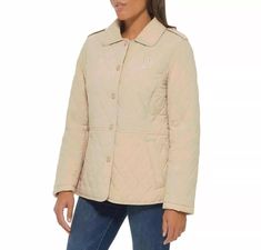 Tommy Hilfiger Women's Quilted Fully Lined Snap Jacket Coat | C12 Beige Chinos, Womens Quilted Jacket, Tommy Hilfiger Jackets, Stand Up Collar, Clothing Manufacturer, Vintage Tommy Hilfiger, Tommy Hilfiger Jeans, Tommy Hilfiger Women, Navy And Green