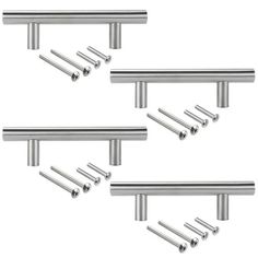 four stainless steel cabinet handles with screws on each side and one has an extra long bar