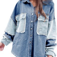 56% Cotton + 44% Poly Small = 4-6 Medium = 8-10 Large = 12-14 X-Large = 16-18 Oversized Blue Denim Jacket With Pockets, Blue Long Sleeve Denim Top, Oversized Denim Top With Frayed Hem, Blue Denim Shacket With Pockets, Denim Shacket With Pockets In Blue, Fall Washed Blue Denim Top, Washed Blue Long Sleeve Denim Jacket With Frayed Hem, Oversized Denim Top With Pockets, Fall Patchwork Denim Top