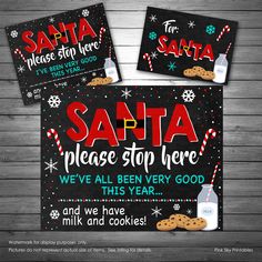 santa please stop here sign with cookies and milk on the front, and two other signs behind it