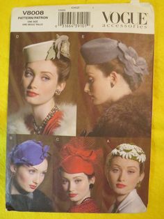 2004 Vogue vintage style one size fits most hats pattern, in 5 views. Pattern is all uncut with guide sheet, and in great condition.  Hats have veils, flowers, bows, and fabric use is felt. PRICE IS $33.00----SALE FINAL/AS IS/NO RETURNS. Woman Hats, 1950s Hats, Hats Pattern, Historical Hats, Structural Fashion, Royal Hats, Vogue Vintage, 1960 Fashion, Ladies Hats