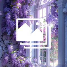 purple flowers growing on the side of a window sill in front of an open window