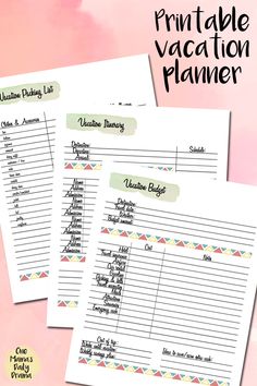 two printable vacation planner pages with the text, free printable vacation planner on them