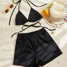 Brand New Black Outfit! Bikini Style Top W Matching Shorts! Swimsuit With Shorts, Top Halter, Crop Top Outfits, Black Swimwear, Crop Top And Shorts, Swimsuits High Waisted, Swimwear Outfit, Teenage Fashion Outfits, Mom Outfits