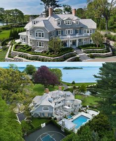 this is an aerial view of a large house and the other side has a basketball court in it