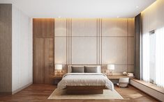 a bedroom with a large bed and wooden walls