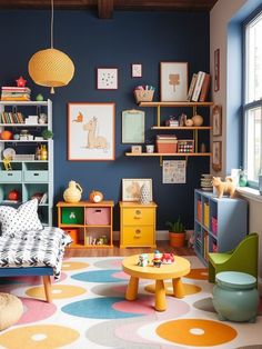 a child's room with colorful furniture and decor