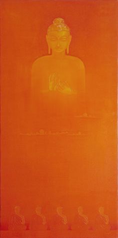 an orange painting with a buddha statue in the background