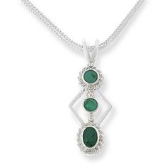 Jay King Sterling Silver 3-Stone Emerald Pendant with 18" Chain  Bring a touch of gorgeous green color to your neckline with beautiful Brazilian emeralds. This handcrafted sterling silver pendant features three faceted stones set in a delicate, dangling design.  From Jay King.       Pendant approx. 1-7/16"L x 1/2"W      Chain approx. 18"L x 1/16"W with 2-3/4" extender     Stamped .925     Sterling silver pendant has two round and one oval checkerboard-faceted emeralds bezel-set in stacked design     Rope-textured frames     Split, tapered bail     Wheat chain necklace; hook closure   Stone Information       All sizes and weights approximate     Stabilized Green Emerald - Round (4mm), oval (4x6mm); mined in Brazil     All stones faceted Emerald Three Stone Jewelry For May Birthstone, Sterling Silver Three Stone May Birthstone Jewelry, Sterling Silver Three Stone Jewelry For May Birthstone, Sterling Silver Three Stone Green Jewelry, Green Sterling Silver Three Stone Jewelry, Emerald Three-stone Jewelry For May Birthstone, Silver Emerald Pendant Necklace With Diamond Accents, Green Emerald Oval Pendant Necklace In Sterling Silver, Luxury Sterling Silver Emerald Pendant Necklace