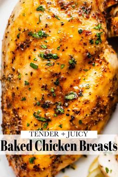 This guide will teach you How To Bake Chicken Breasts that are perfectly seasoned, tender + juicy! Includes seasoning tips + side dishes. // in oven Bone In Baked Chicken Recipes, Oven Roasted Chicken Breast Boneless, Roasted Chicken Breastrecipes Boneless, Marinated Baked Chicken Breast, Chicken Breast Recipes Bone In, Bone In Chicken Breast Recipes Oven, How To Bake Chicken In The Oven, Moist Chicken Breast In Oven, Baked Chicken Breast Recipes Boneless