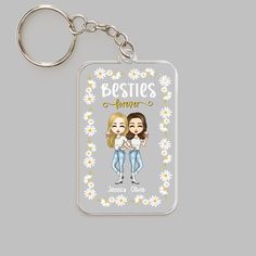 the besties forever keychain features two girls and daisies