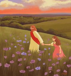 a painting of two people holding hands in a field full of purple flowers at sunset