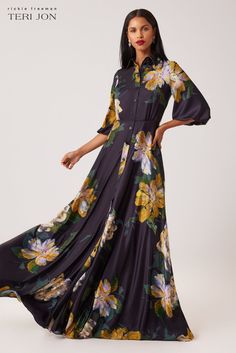 Chic Floor-length Floral Chiffon Dress, Luxury Long Sleeve Floral Print Chiffon Dress, Evening Floral Print Floor-length Chiffon Dress, Shirt Gown, Black Floral Print Floor-length Maxi Dress, Multicolor Floral Print Maxi Dress With 3/4 Sleeves, Chiffon Floral, Floral Print Chiffon, Effortless Beauty