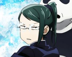 an anime character with green hair and panda bear in the background, looking at her