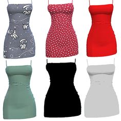 four dresses are shown in different colors and sizes, all with straps on the sides