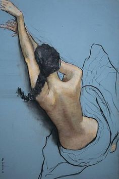 a drawing of a naked woman with her arms outstretched in the air, on a blue background