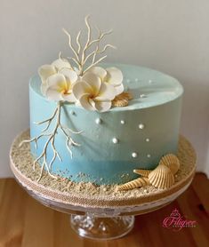 a blue cake with white flowers and seashells on top