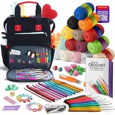 the bag is full of crochet supplies and knitting needles, scissors, markers, yarn balls