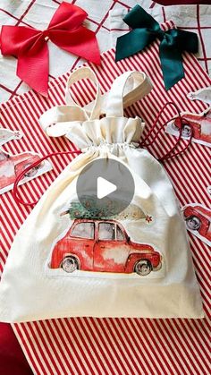 a drawstring bag with an image of a red car on it