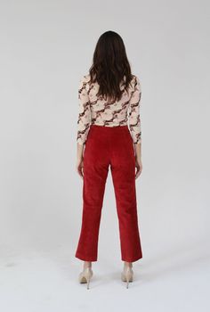 "This is a pair of lightweight and buttery soft red zipper fly pants, bootcut with minimal stitching. Made by La Redoute, sz. 6. Fits true to size. Snap button/zipper fly. Washable suede- cold wash. Measures: Waist: 29\" Hips: 38\" Inseam: 29\" Length: 38\" Condition: excellent. FOLLOW US ON INSTAGRAM FOR DEALS AND SNEAK PEEKS! @Wildthingvintage instagram.com/wildthingvintage Twitter: @Wildthingpeck Message me any time for further details or questions. Please note there is a 10% restocking fee o Red Wide Leg Bottoms For Fall, Burgundy Straight Leg Pants For Fall, Burgundy Straight Leg Bottoms For Fall, Red Straight Leg Pants For Fall, Red Straight Pants For Fall, Red Stretch Pants For Fall, Red Straight Leg Fitted Bottoms, Red Fitted Straight Leg Bottoms, Red Fitted Straight Leg Pants