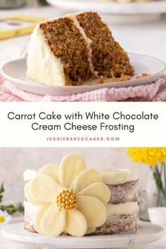 carrot cake with white chocolate cream cheese frosting on a plate next to a flower