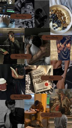 a collage of photos with people and food on them, including coffee cups, books, pictures, and other items