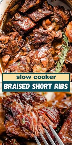 slow cooker braised short ribs with sauce and herbs