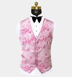 Rose Pink Floral Tuxedo | Gentleman's Guru Pink Tuxedo, Tuxedo Vest, Velvet Bow Tie, Black Velvet Bow, Polyester Pants, Tuxedo Shirts, Tuxedo Suit, Velvet Bow, Cotton Pants