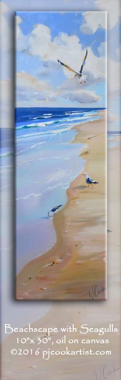 a painting of seagulls flying over the beach