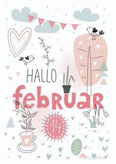 a card with the words hello february on it