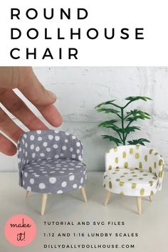 a hand holding a dollhouse chair next to a miniature chair with polka dots on it