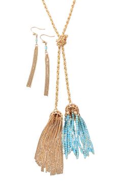 Double Down Tassel Necklace Blue Lariat Necklace With Adjustable Chain, Blue Long Lariat Necklace With Adjustable Chain, Blue Dangle Tassel Earrings With Fringe, Blue Lariat Jewelry For Party, Adjustable Blue Tassel Earrings For Parties, Adjustable Gold Tassel Necklace With Fringe, Elegant Blue Fringe Jewelry, Elegant Turquoise Tassel Earrings With Fringe, Elegant Turquoise Tassel Fringe Earrings