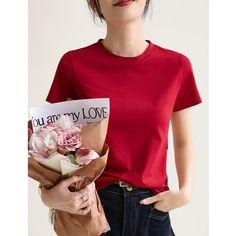 Slim Fit Round Neck Red Basic Tee  Material: 92.5%Cotton+7.5%Spandex  Style: Teen Girl Shirt Size: S, M, L, XL, 2XL, 3XL Color: Red  Occasion: Outdoor, Daily,  Vacation Cheap Red T-shirt For Everyday Wear, Red Casual Crew Neck T-shirt, Basic Stretch Red T-shirt, Classic Red Cotton T-shirt, Cheap Red 3/4 Sleeve T-shirt, Girl Shirt, Basic Tee, Cotton Style, Shirts For Girls