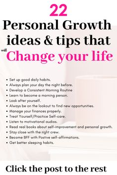 a pink coffee cup with the words 22 personal growth ideas & tips that change your life