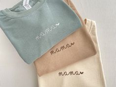 three t - shirts with the names mama, mama and baby written on them in different colors