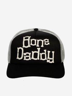 Bone Daddy Glow Trucker Hat - The Nightmare Before Christmas | DUMBGOOD Hip Hop Trucker Hat With Curved Visor, Hip Hop Adjustable Trucker Hat With Curved Visor, Adjustable Hip Hop Trucker Hat With Curved Visor, Adjustable Dad Hat With Graphic Print, Adjustable Graphic Print Dad Hat, Adjustable Trucker Hat With Graphic Print And Curved Brim, Adjustable Graphic Print Baseball Cap, Black Curved Bill Hat With Graphic Print, Black Snapback Trucker Hat For Halloween