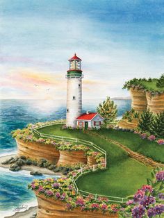 a painting of a lighthouse on top of a cliff with the word small written below it