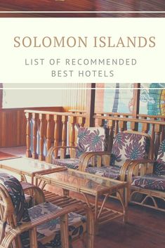 the cover of solomon islands'list of recommended best hotels, featuring wicker furniture