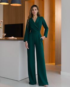 Elegant Jumpsuit Long Sleeve, Jumpsuits For Graduation, Office Jumpsuit Work Outfits, Outfit For Graduation, Wide Leg Jumpsuit Outfit, Simple Classy Wedding Dress, Wide Jumpsuit, Long Sleeved Jumpsuit