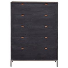 the chest of drawers is made from dark wood and has two brown leather handles on each drawer