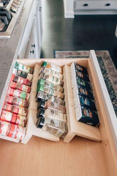 Let’s organize those spice drawers! This post will show you how to make a DIY wood spice drawer organizer. #kitchenorganization Ikea Decor Hacks, Spice Drawer Organizer, Spice Drawers, Ikea Billy Hack, Living Room Hacks, Spice Organization Drawer, Storage Ikea, No Closet Solutions, Ikea Living Room