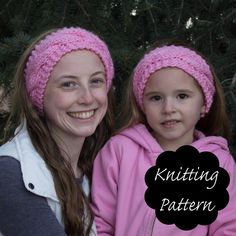 two girls wearing knitted headbands in front of a tree with the words knitting pattern on it