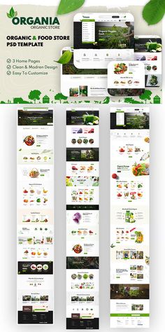 the website design for organic food store is shown in three different colors and sizes, including green